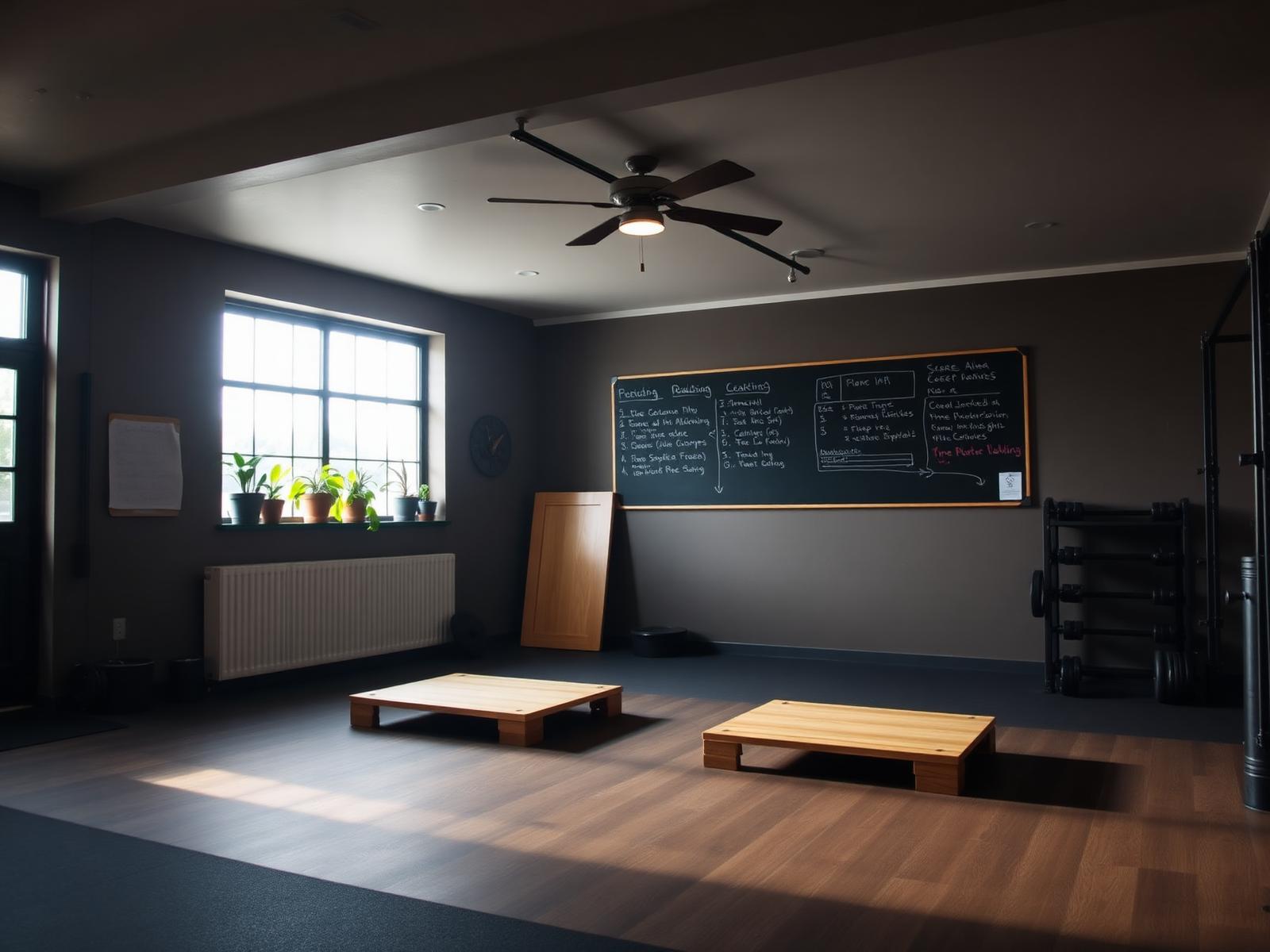 Coaching space with wooden platforms and programming on the whiteboard